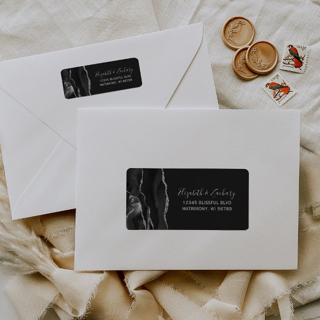 Chic Black Silver Agate Wedding Return Address (Creator Uploaded)