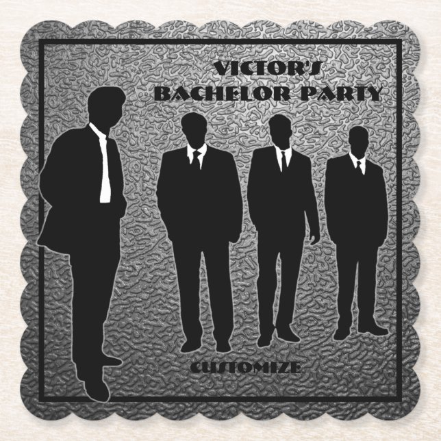 Chic Black & Silver Bachelor Party Paper Coaster (Front)