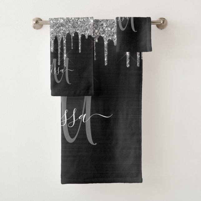 Chic Black Silver Dripping Glitter Monogram Name Bath Towel Set (Insitu)