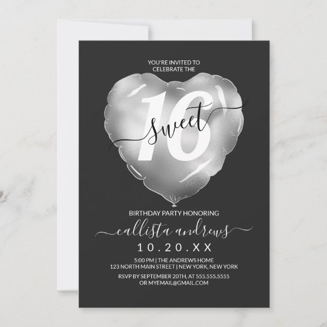 Chic Black Silver Foil Heart Balloon Sweet 16 Invitation (Front)