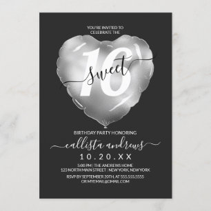 Chic Black Silver Foil Heart Balloon Sweet 16 Invitation