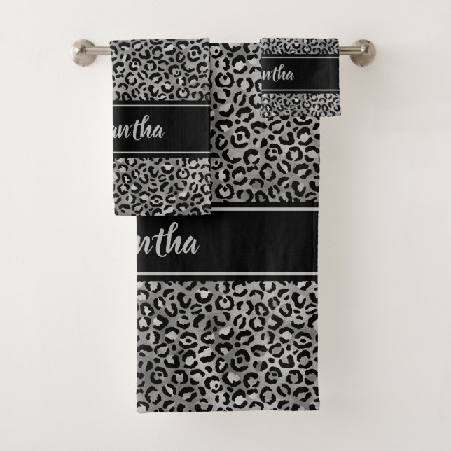 Chic Black Silver Grey Leopard Print Personalised Bath Towel Set (Insitu)