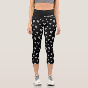 Chic Black Silver Heart Pattern Personalised Name Capri Leggings