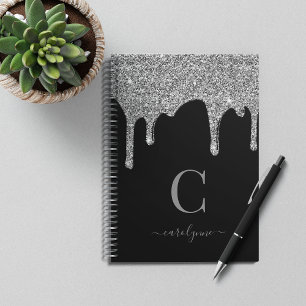 Chic Black Silver Sparkle Glitter Drips Monogram Notebook