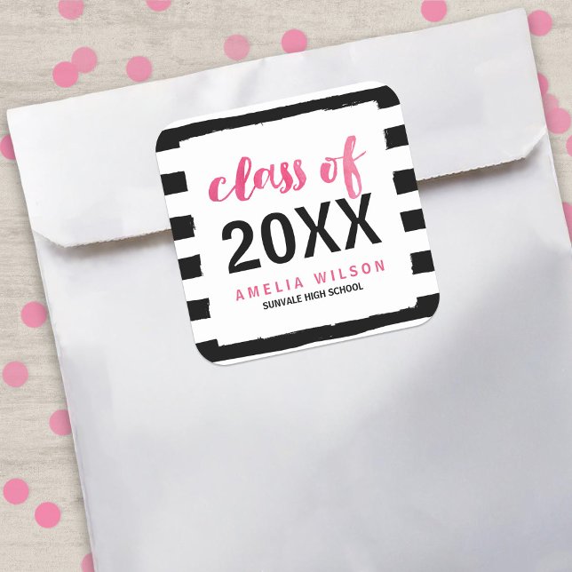 Chic Black Stripes Pink Class of 2025 Graduation Square Sticker (Creator Uploaded)