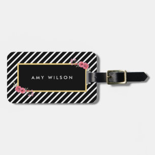 Chic Black Stripes Watercolor Floral Bag Tag