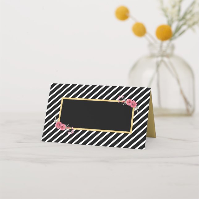 Chic Black Stripes with Watercolor Flowers Place Card (Front)