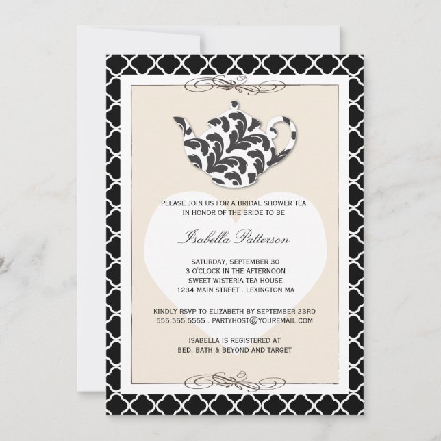 Chic Black Tan Teapot Bridal Shower Tea Party Invitation (Front)