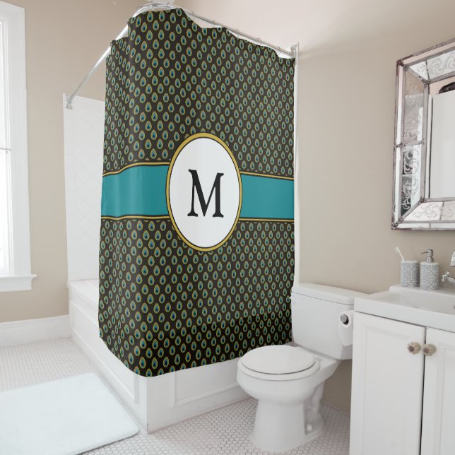 Chic Black Teal Gold Peacock Print Custom Monogram Shower Curtain (In Situ)