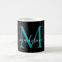 Chic Black Teal Green Monogram Elegant Script