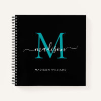 Chic Black Teal Green Monogram Initial Script Name