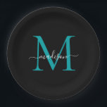 Chic Black Teal Green Monogram Modern Script Name Paper Plate<br><div class="desc">Simple Modern Black Teal Green Monogram Modern Feminine Script Name Paper Plate</div>