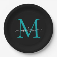 Chic Black Teal Green Monogram Modern Script Name