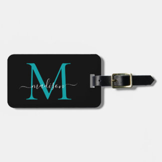 Chic Black Teal Green Monogram Script Name Stylish Luggage Tag