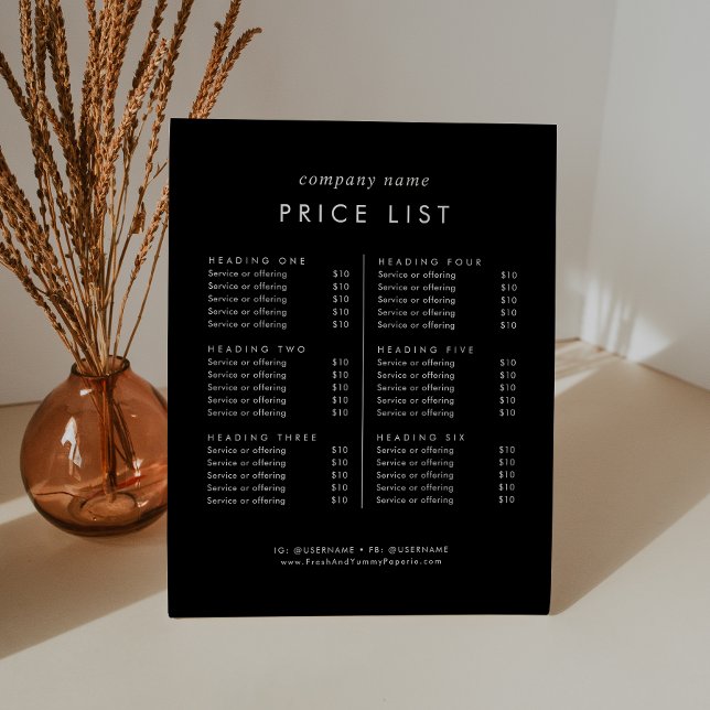 Chic Black Typography Business Services Price List Pedestal Sign (Creator Uploaded)