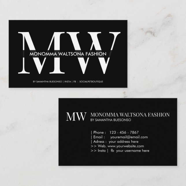 Chic black typography monogram lettering name business card (Front/Back)