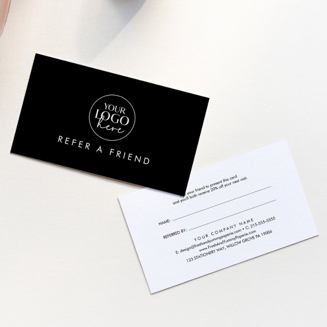 Chic Black Typography Refer a Friend Business Logo Referral Card (Creator Uploaded)