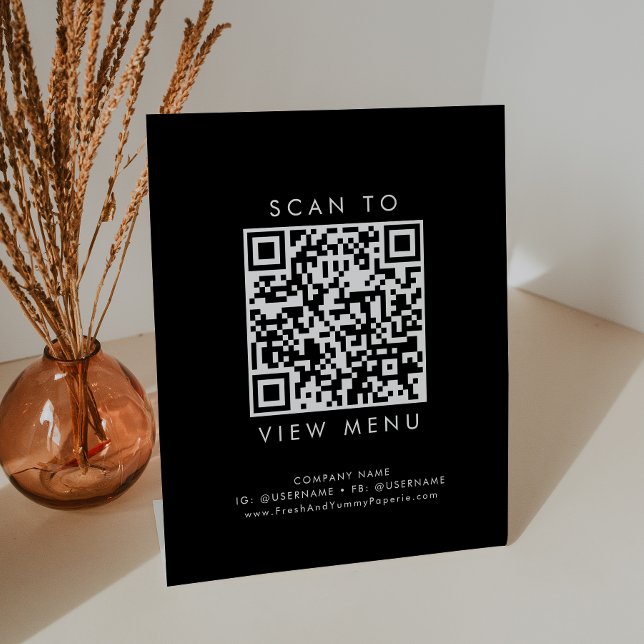Chic Black Typography Restaurant Menu QR Code Pedestal Sign (Creator Uploaded)