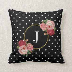 Chic Black Vintage Flowers Polka Dots Monogram Cushion