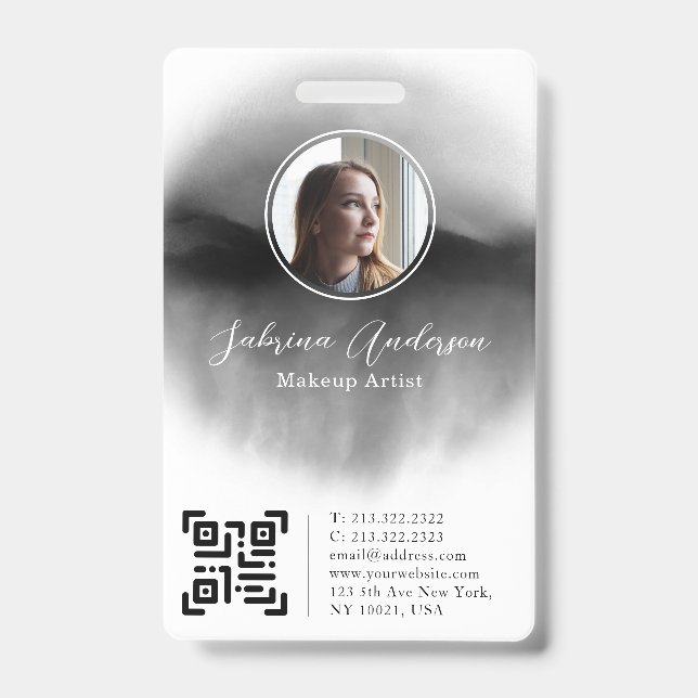 Chic Black Watercolor Abstract Script Photo Logo ID Badge (Front)