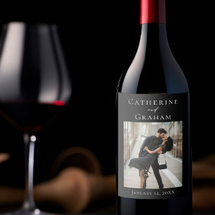 Chic Black Wedding Couple Photo Wine Label
