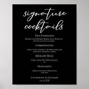Chic Black Wedding Signature Cocktails Bar Menu Poster