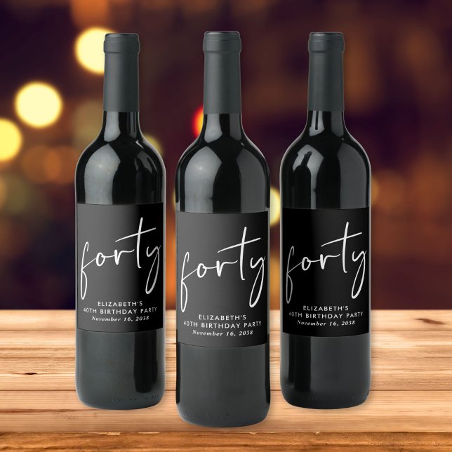 Chic Black White 40th Birthday Party Wine Label (Creator Uploaded)