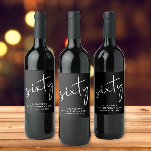 Chic Black White 60th Birthday Party Wine Label