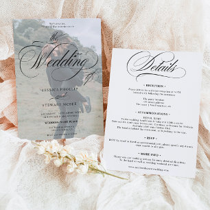 Chic Black white all in one script photo wedding  Invitation