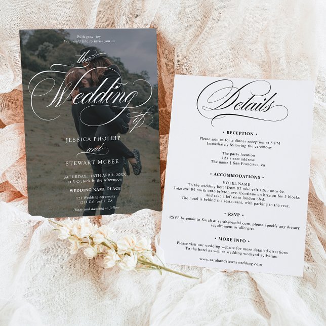 Chic Black white all in one script photo wedding Invitation (Chic Black white all in one script photo wedding Invitation)