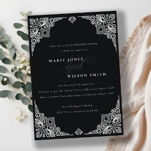 Chic Black White Art Deco Ornate Rehearsal Dinner Invitation