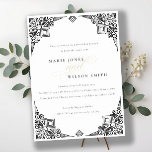 Chic Black White Art Deco Ornate Rehearsal Dinner Invitation