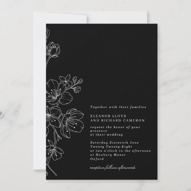 Chic Black & White Blossom Floral Wedding Invitation (Front)