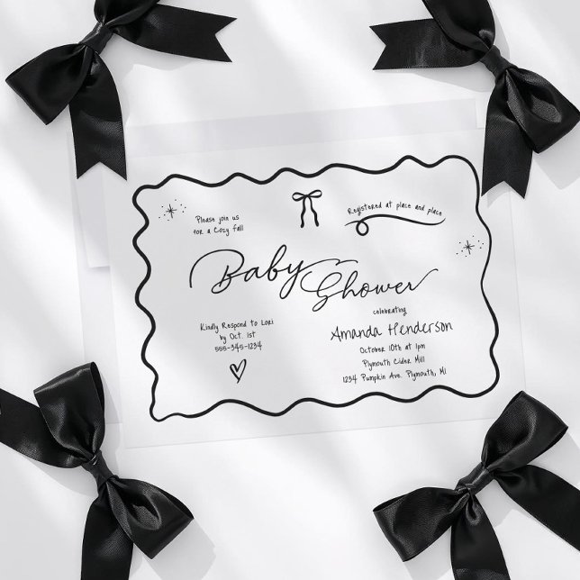 Chic Black & White Bow Doodle Style Baby Shower Invitation (Black and White Chic Baby shower invitation with bow doodle design. )
