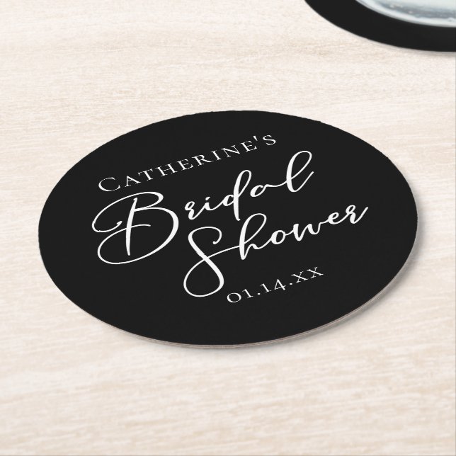Chic Black White Bridal Shower Personalized Round Paper Coaster (Angled)