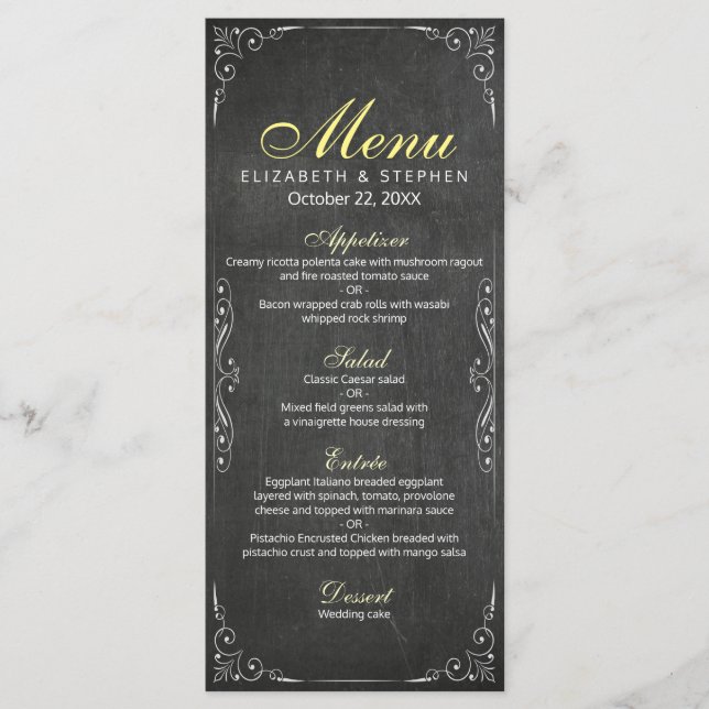 Chic Black & White Chalkboard Floral Wedding Menu (Front)