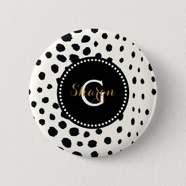 Chic black white cheetah print pattern monogram 6 cm round badge (Front)