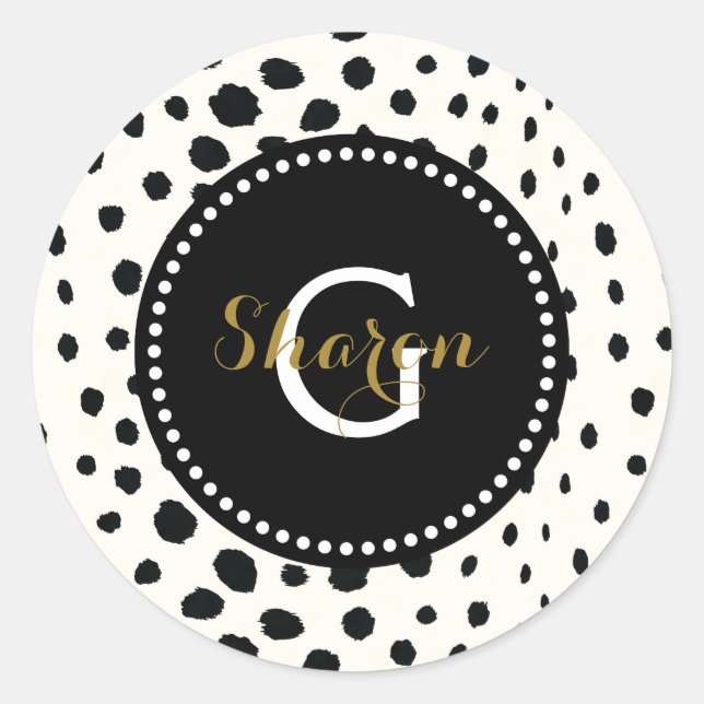 Chic black white cheetah print pattern monogram classic round sticker (Front)