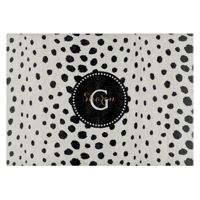 Chic black white cheetah print pattern monogram cutting board (Front)
