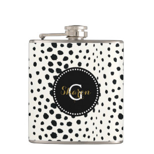 Chic black white cheetah print pattern monogram hip flask