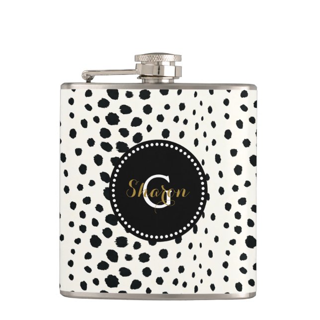 Chic black white cheetah print pattern monogram hip flask (Front)
