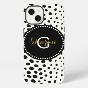 Chic black white cheetah print pattern monogram iPhone 13 case