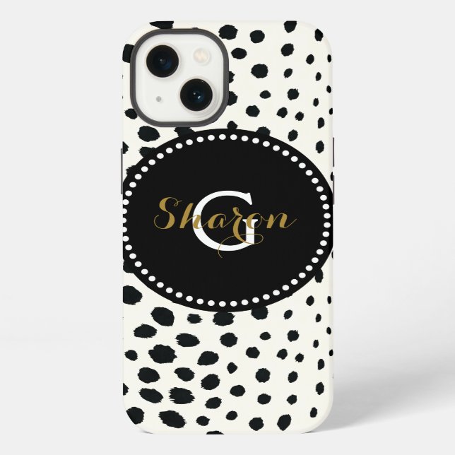 Chic black white cheetah print pattern monogram iPhone case (Back)