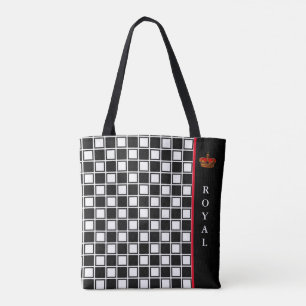 Chic black, & white chequered & calligraphy tote bag