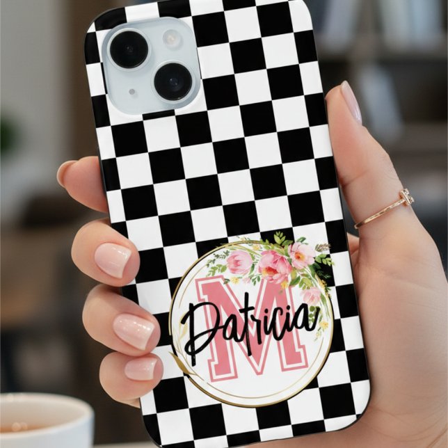 Chic Black & White Chequered Monogrammed Pink Flow Case-Mate iPhone Case (Creator Uploaded)