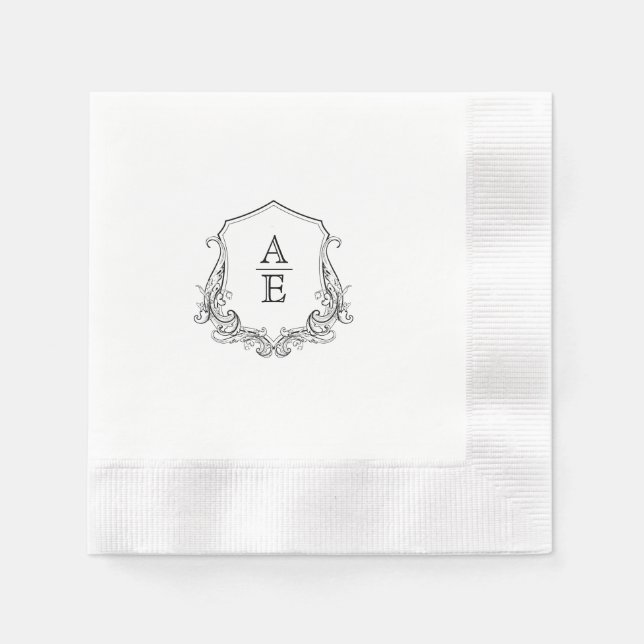 Chic Black & White Crest Monogram Wedding Napkin (Front)