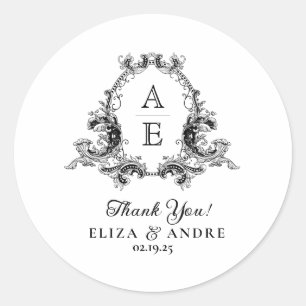 Chic Black White Custom Monogram Wedding Sticker