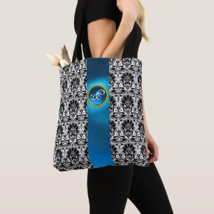 CHIC BLACK WHITE DAMASK ,BLUE GEMSTONE MONOGRAM TOTE BAG