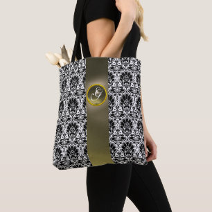 CHIC BLACK WHITE DAMASK GREY GEM MONOGRAM TOTE BAG
