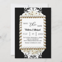 Chic Black & White Damask Pearl Save-The-Date